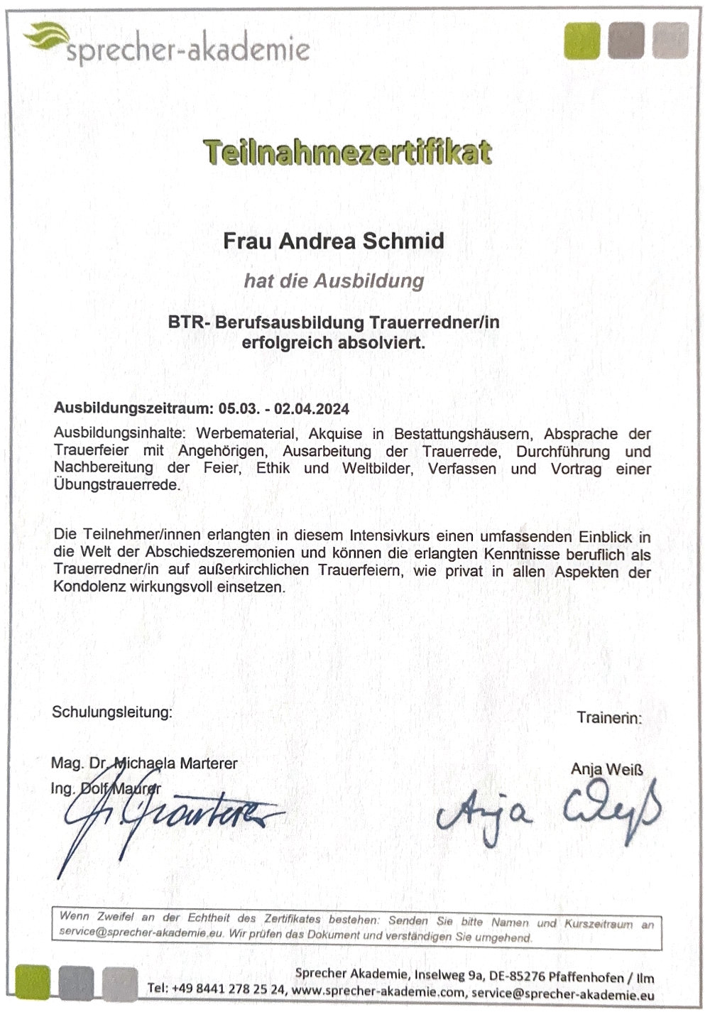Trauerrednerin Andrea Schmid - Teilnahmezertifikat der Sprecherakademie zur BTR Berufsausbildung Trauerrednerin